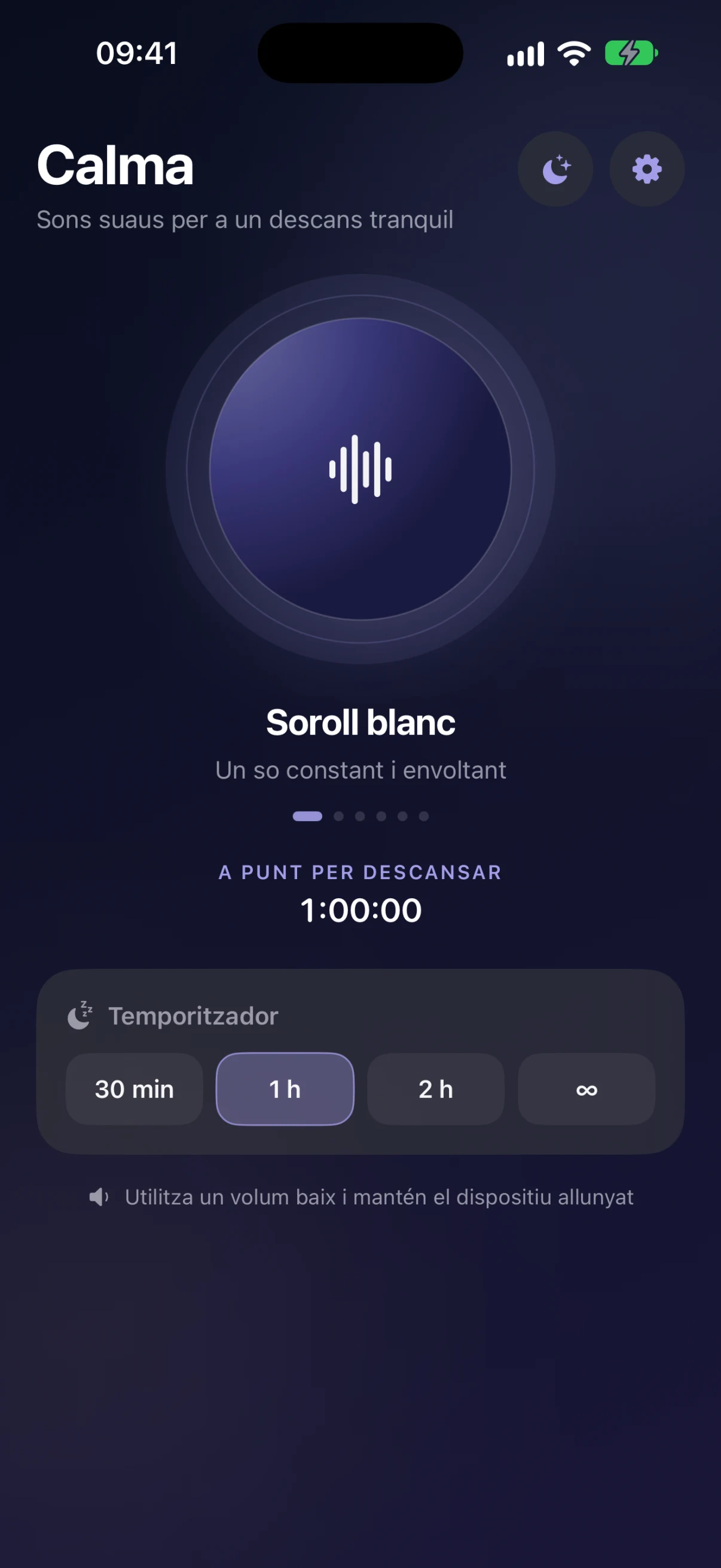 Pantalla principal de Calma preparada per reproduir soroll blanc