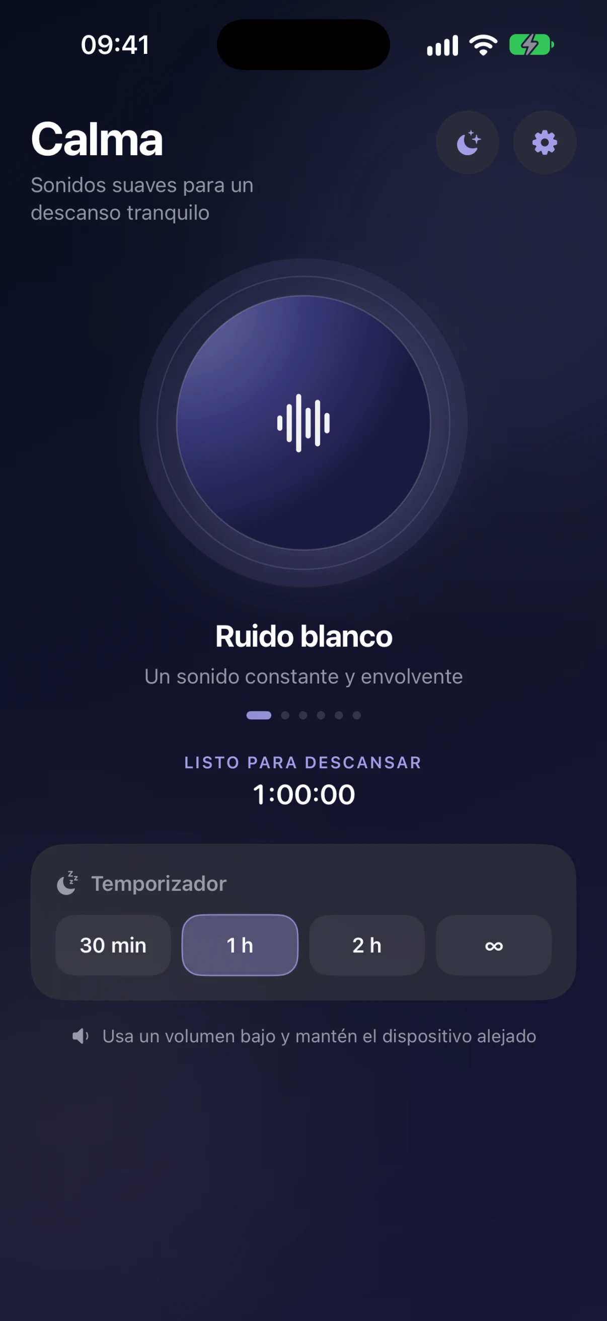 Pantalla principal de Calma preparada para reproducir ruido blanco